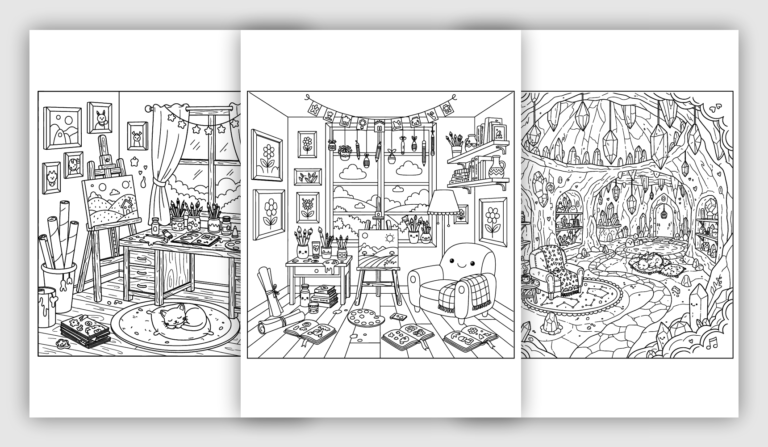 cozy interior coloring pages with warm rooms and home details