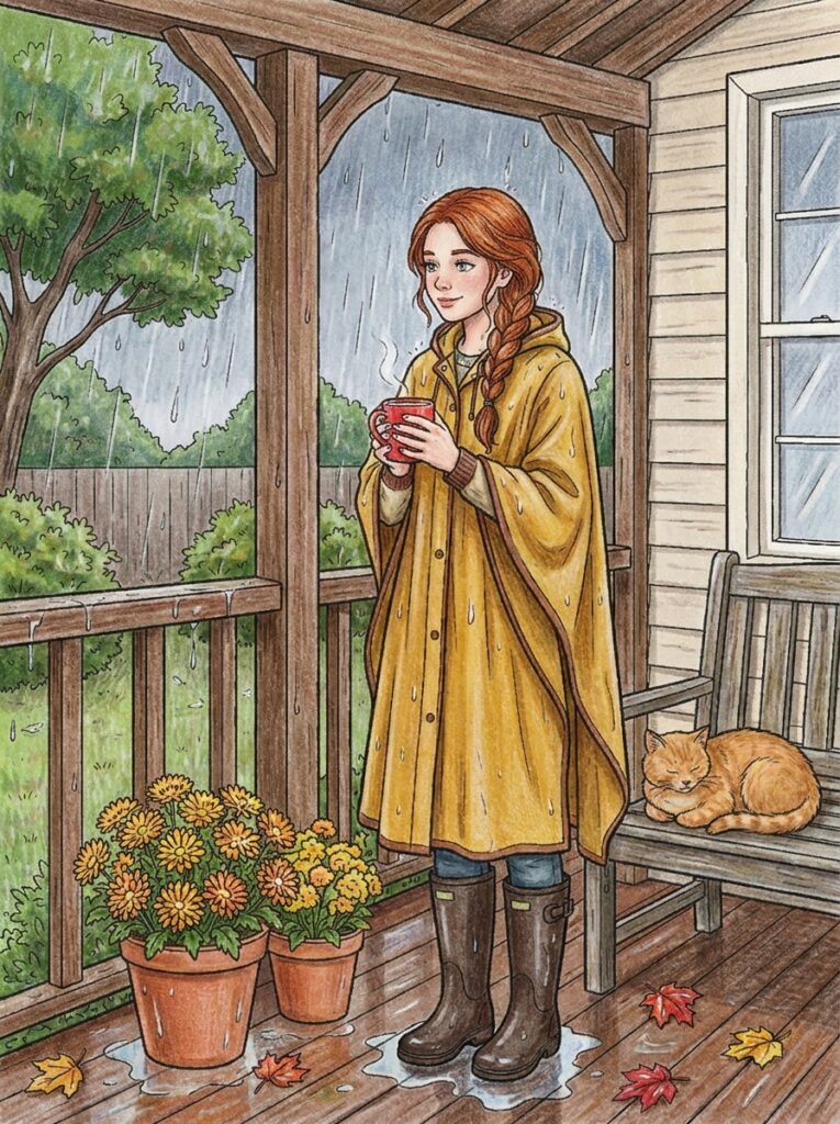 Finished colored scene of a woman in a yellow rain poncho holding tea on a porch with a cat
