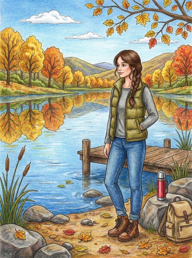 Finished colored scene of a woman beside an autumn lake with a thermos and backpack