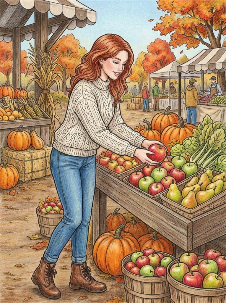 Finished colored scene of a woman selecting apples at a pumpkin-filled farmers market