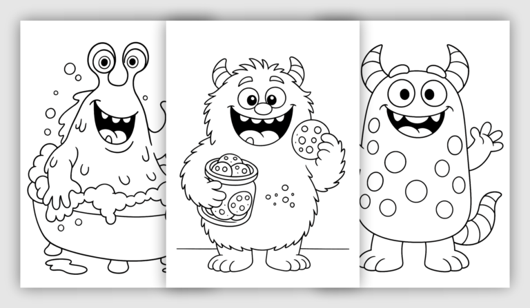 Cute monster coloring sheets with playful fantasy characters and fun expressions