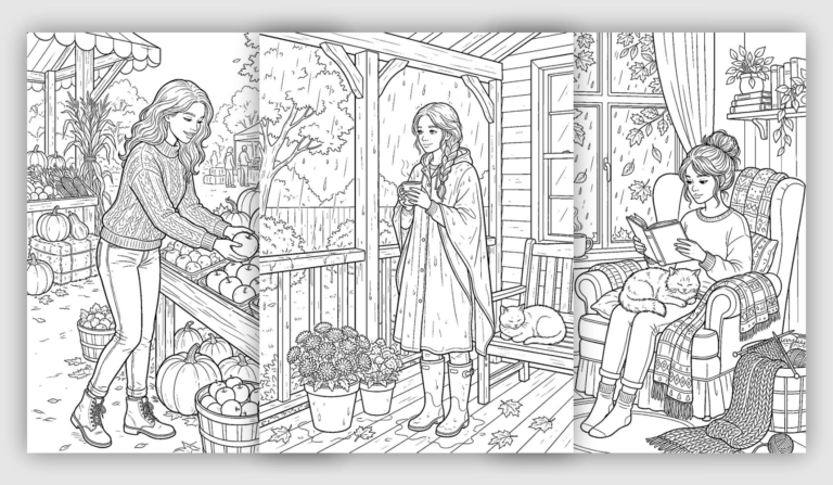 Fall Girl Coloring Pages for Adults