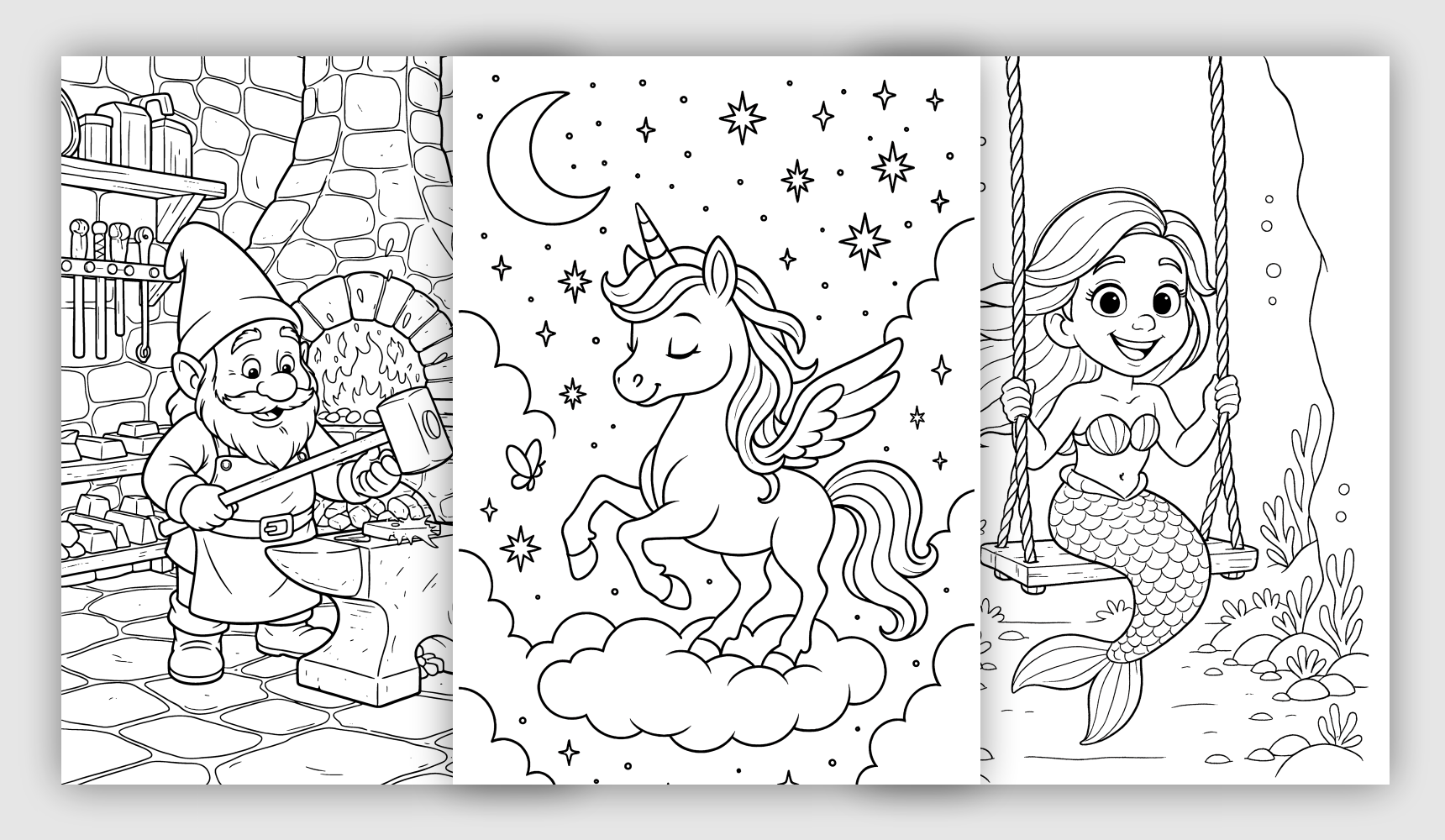 Fantasy Creatures Coloring Pages Fantasy printable coloring sheets with gnomes, unicorns, and fairy tale characters
