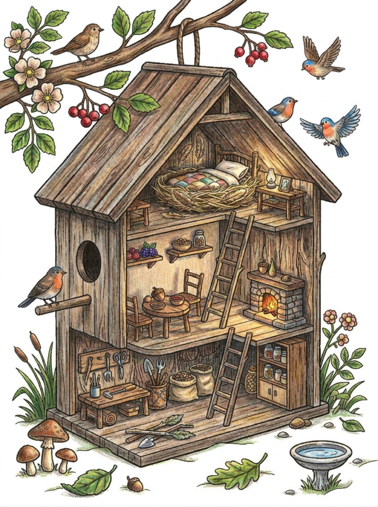 Colored birdhouse cottage with nest bedroom, fireplace, and birds