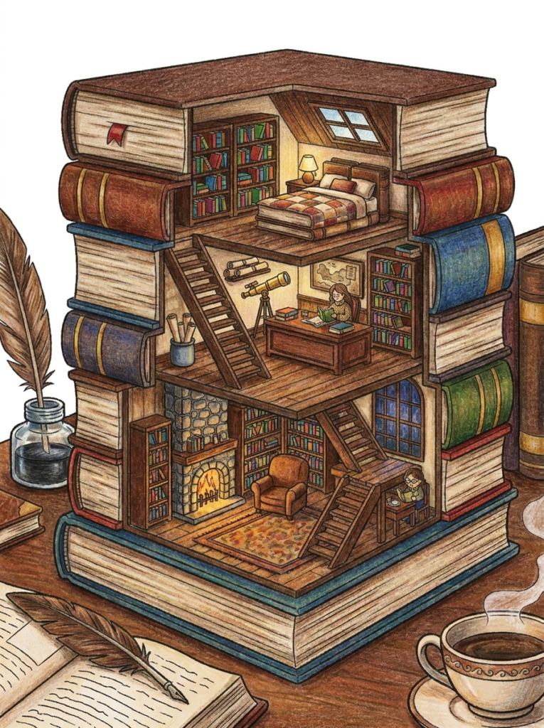 Colored stacked-book house with bedroom, study, library, and fireplace