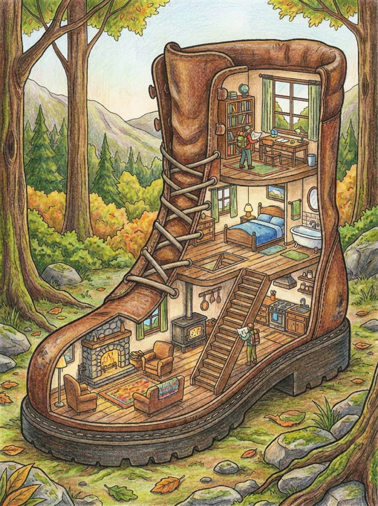 Colored hiking boot cutaway home with cozy rooms in a forest