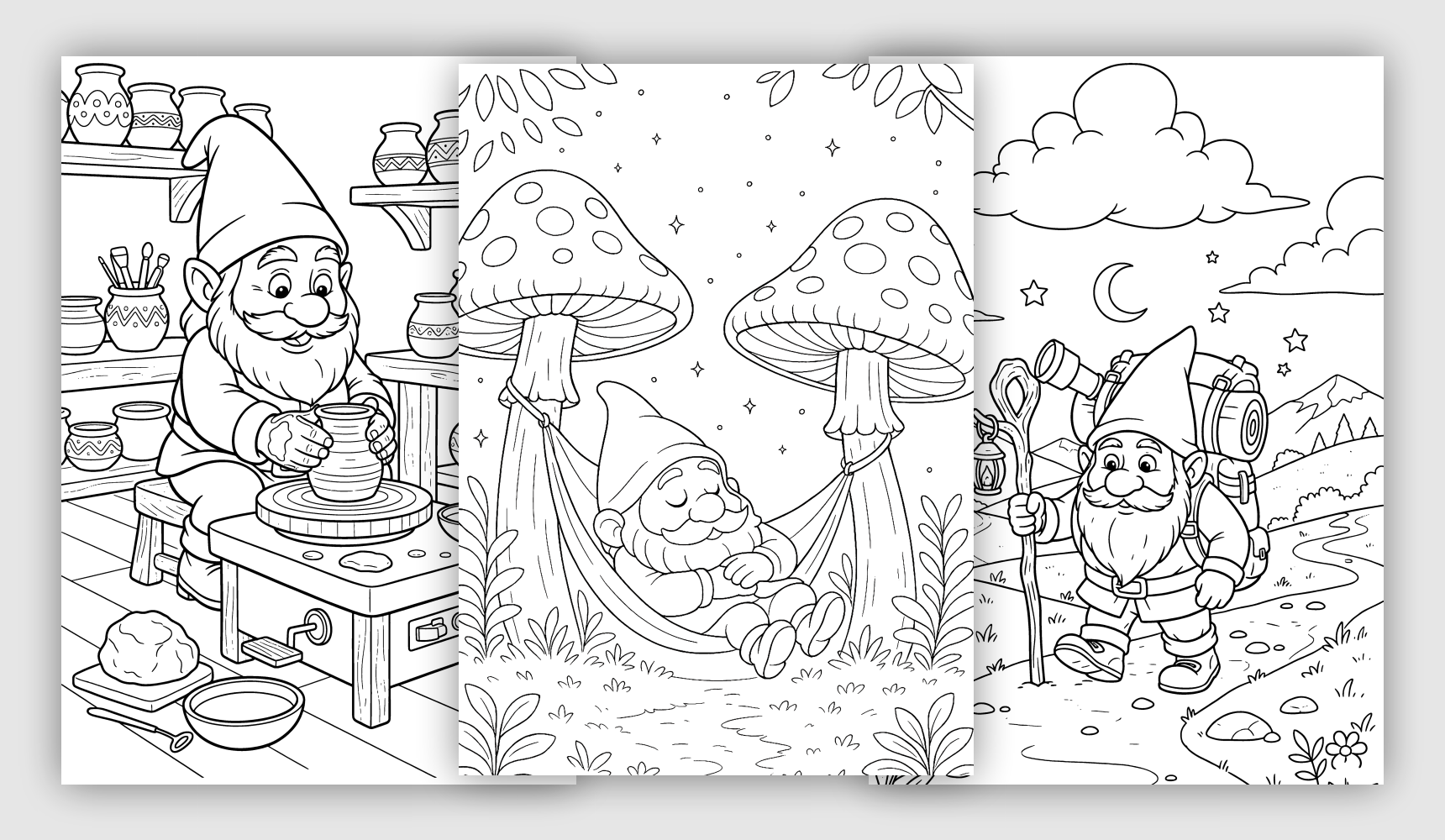 Gnome Coloring Pages Gnome coloring pages with whimsical fantasy scenes and cozy storybook settings