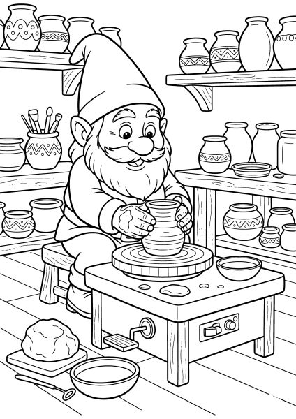 Gnome coloring page 24 Gnome making pottery on a wheel coloring page