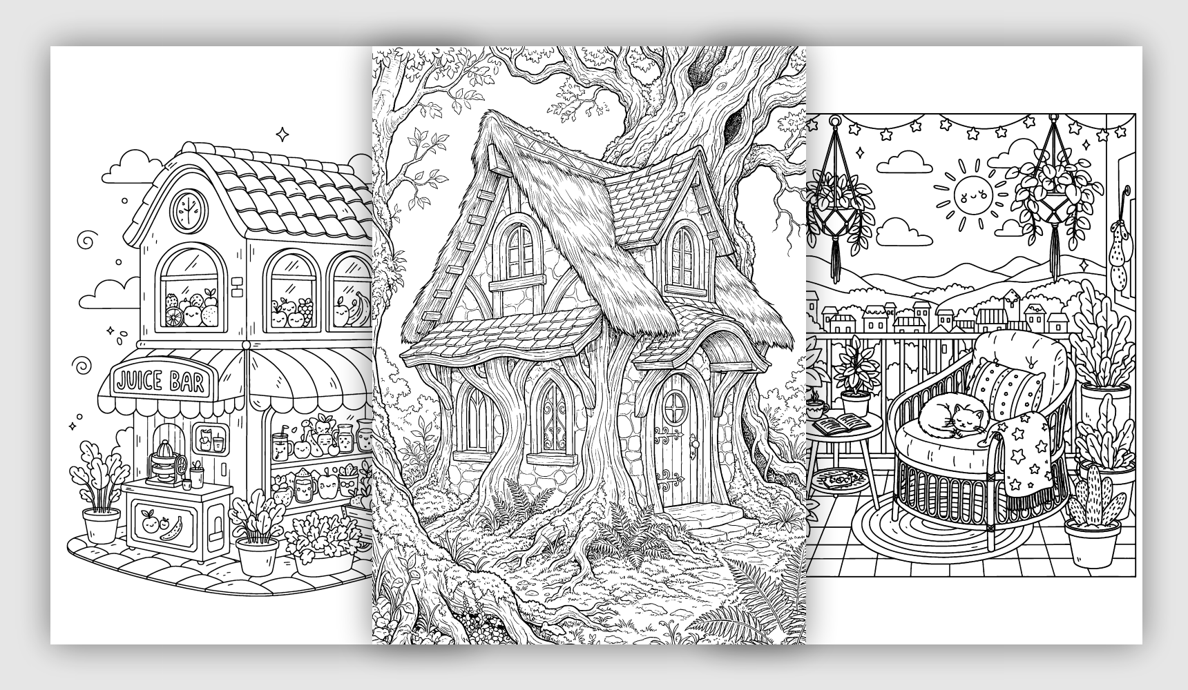 Houses Architecture Coloring Pages Printable coloring pages featuring houses, interiors, and architectural scenes
