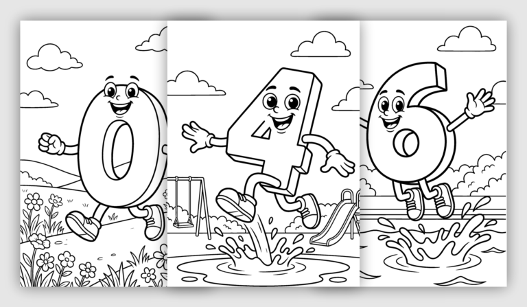 Numbers 0, 4, and 6 as smiling characters jumping and playing in outdoor scene