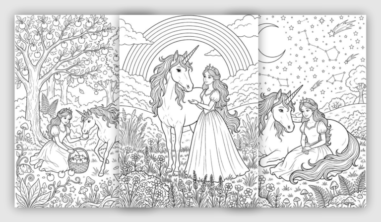 Princess and unicorn coloring pages with magical landscapes, enchanted forests, and fantasy details