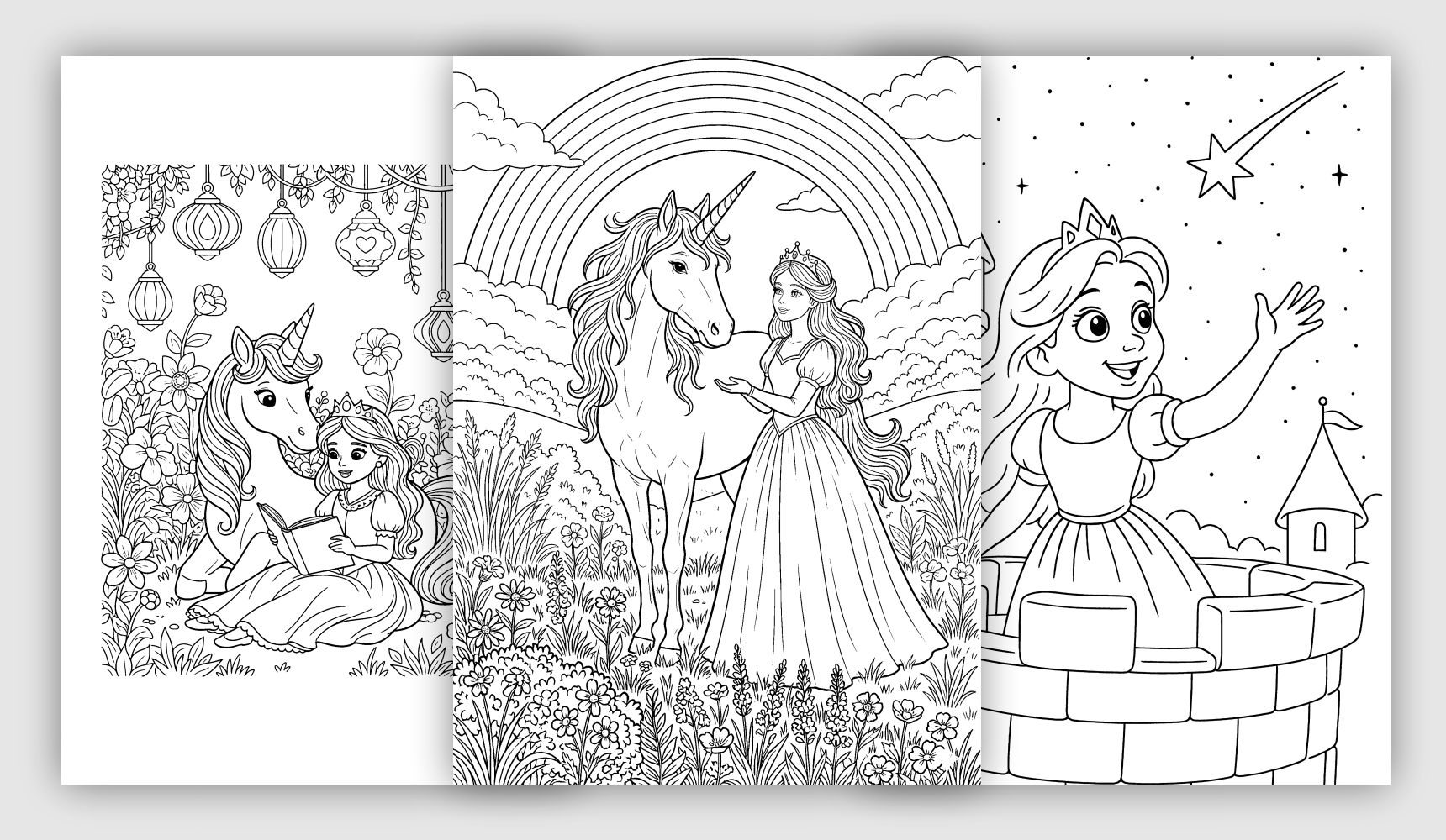 Princess Worlds Coloring Pages Princess coloring pages featuring magical worlds, royal scenes, and princess adventures with unicorns.