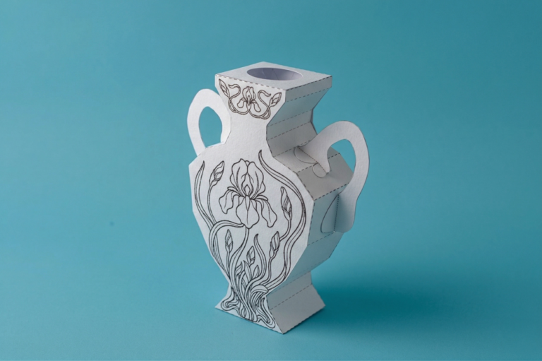 Printable 3D iris floral paper vase craft template for adults and kids.