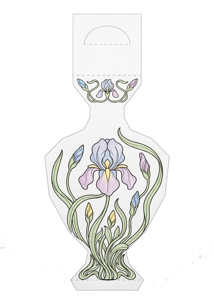 Step 1 of coloring a 3D iris vase printable: applying light base colors to the flower and leaves.