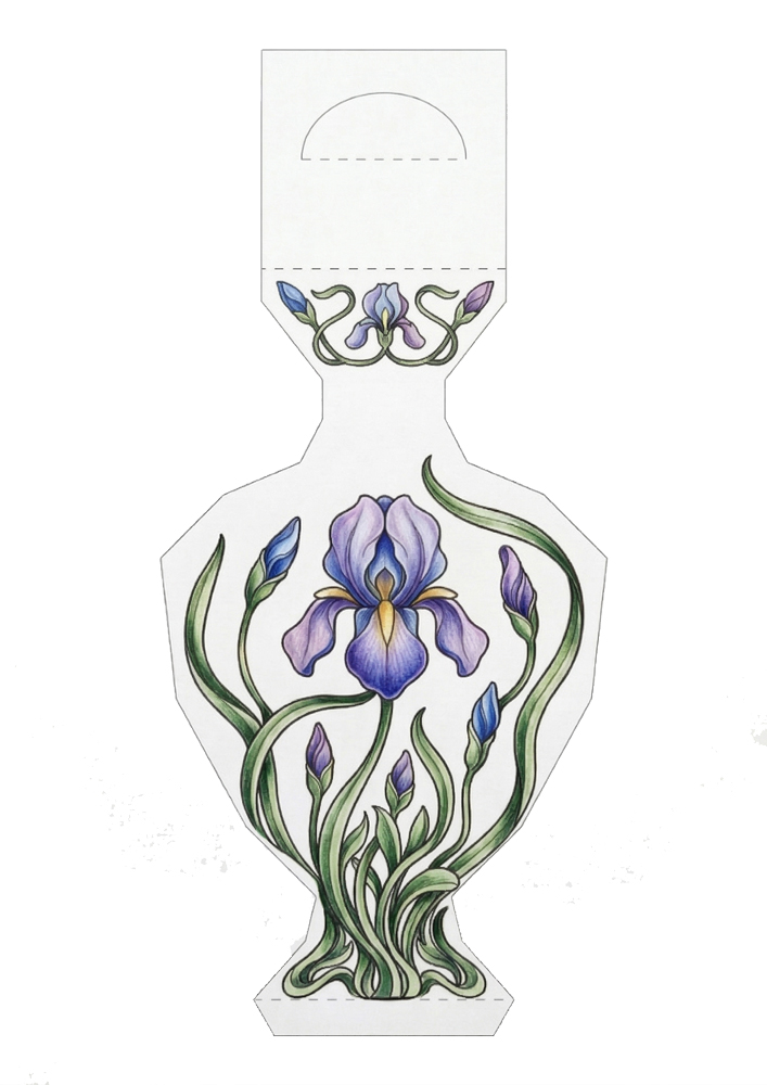 Step 2 of coloring a 3D iris vase craft: adding depth and shadows using darker purple and green shades.