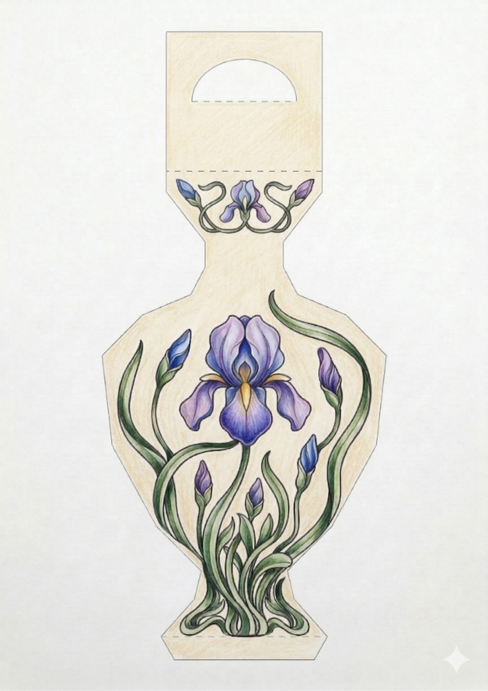 Step 3 of coloring a 3D iris vase template: filling the background space with a soft cream color.
