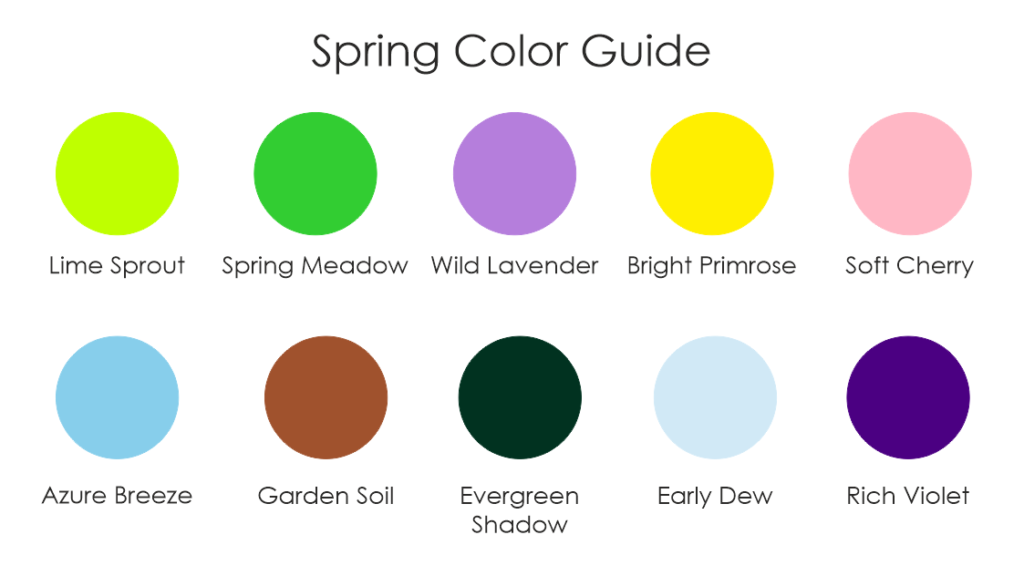 Spring color guide with essential spring tones including green, yellow, purple, pink, blue, brown, and pastel shades for coloring pages