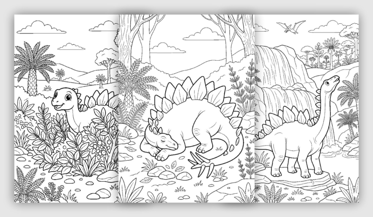 Stegosaurus coloring pages with plated dinosaur in jungle, river, and prehistoric landscape
