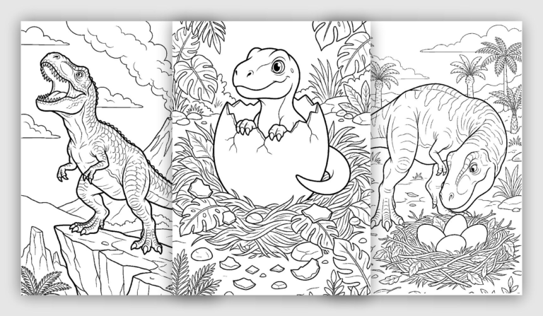 T rex coloring pages with friendly dinosaur, baby hatching from egg, and prehistoric scenes