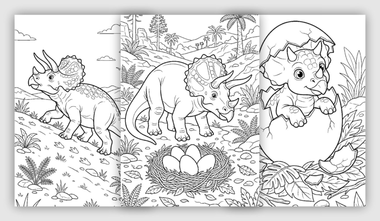 Triceratops coloring pages with three-horned dinosaur, nest with eggs, and baby dinosaur