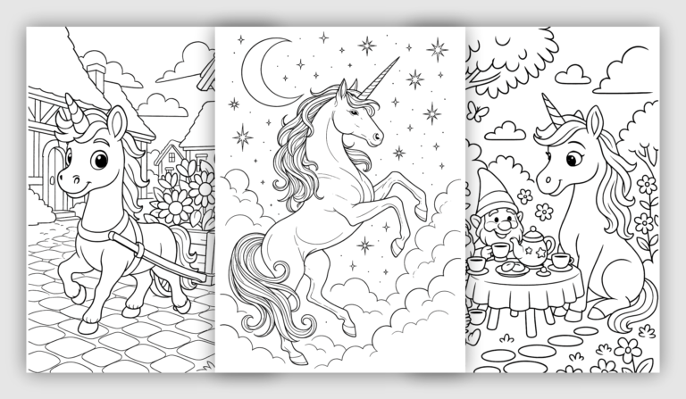 Fantasy & Fairy Creatures Coloring Pages with magical unicorn scenes