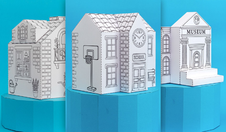 3D paper craft houses including school, museum, and building templates