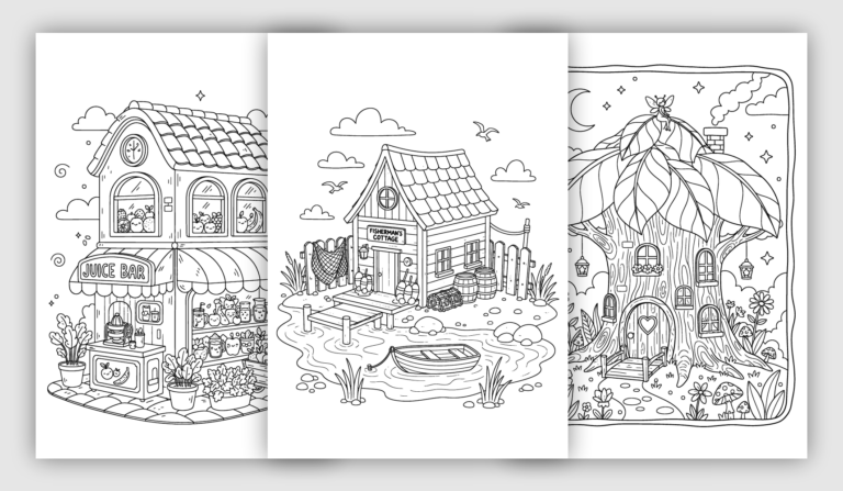 cartoon style houses and interiors coloring pages with simple shapes