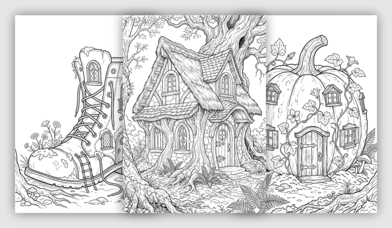 whimsical houses and interiors coloring pages with fantasy architecture