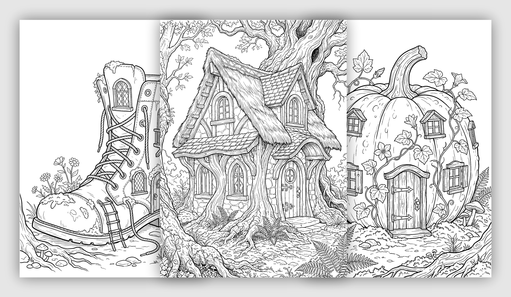 Whimsical House Coloring Pages – Realistic Style whimsical houses and interiors coloring pages with fantasy architecture