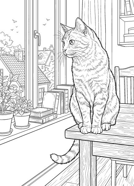 cats coloring pages 014 Realistic cat coloring page with a cat sitting on a table by a window