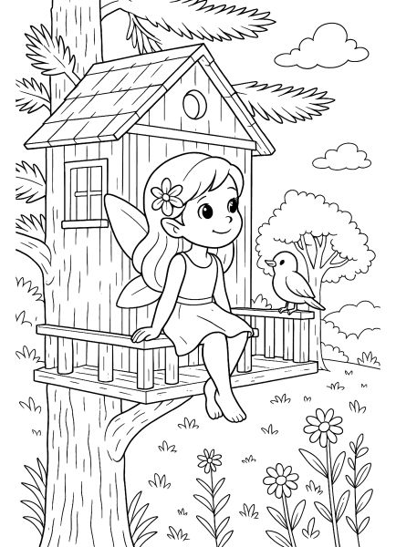 Fairy sitting on a tree branch near a birdhouse coloring page for kids