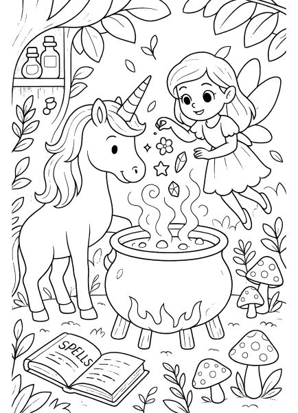 Fairy witch brewing potion in cauldron with cute unicorn coloring sheet