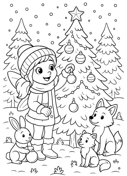 Winter fairy decorating a Christmas tree with ornaments printable coloring page