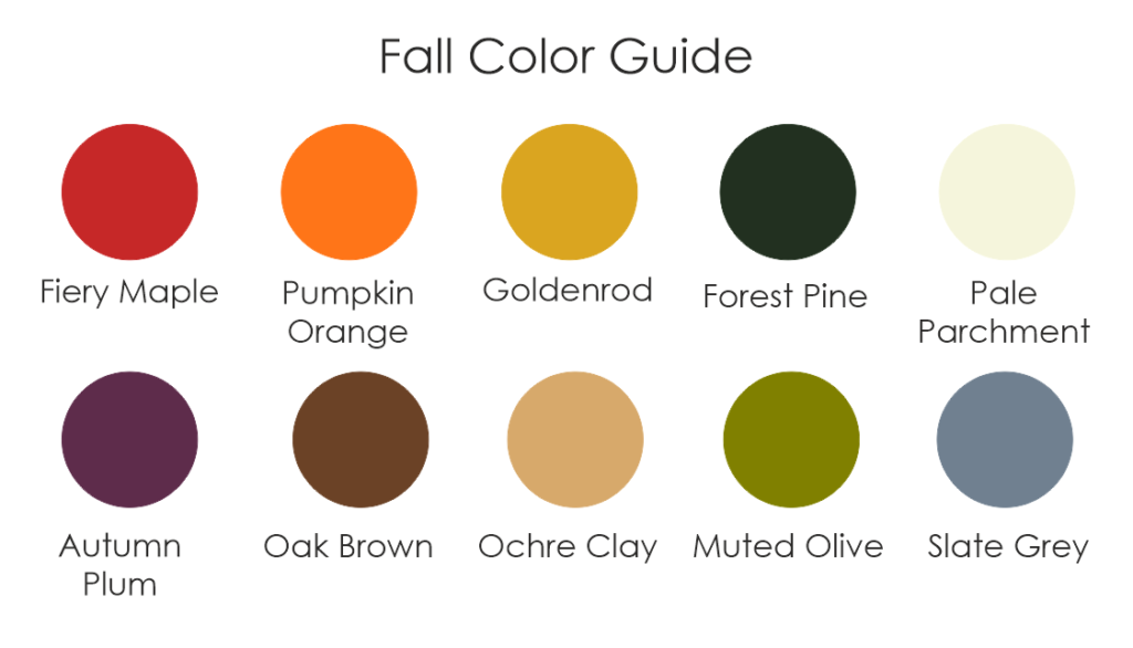 Professional 10-color palette for fall coloring pages including earthy reds and oranges