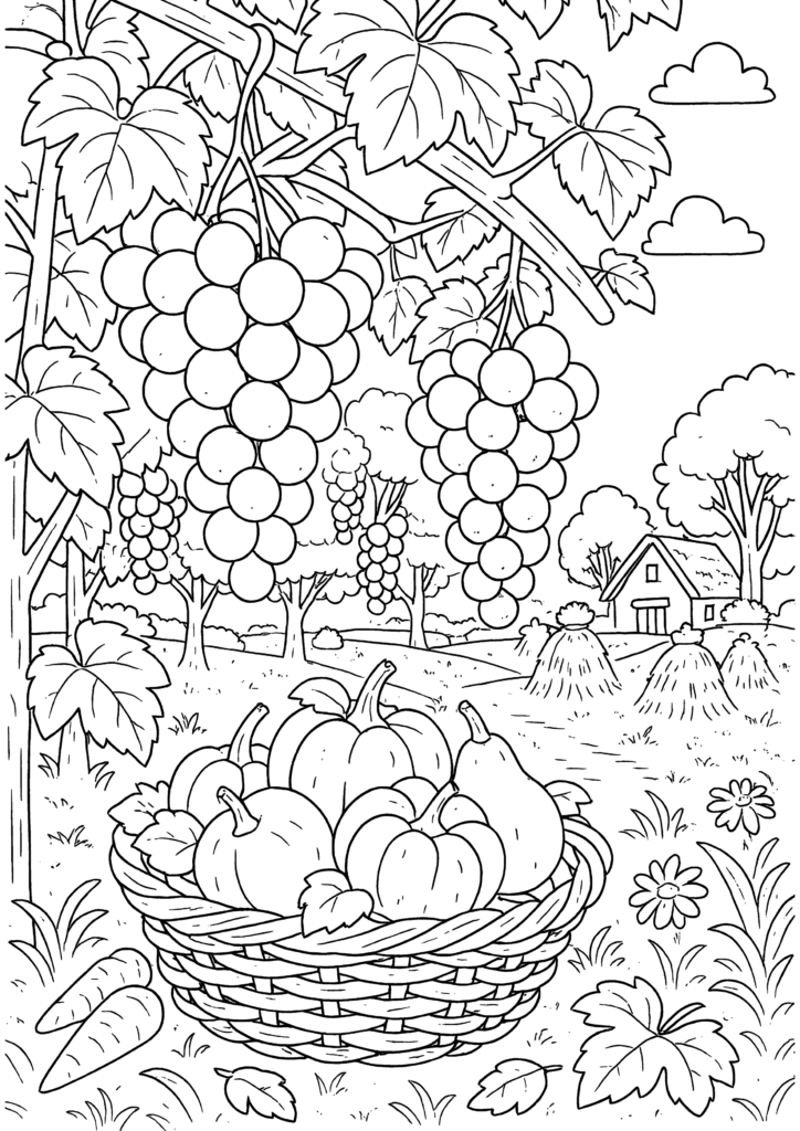 Autumn coloring page showing a harvest scene with grape clusters hanging from vines, a basket filled with pumpkins and pears, trees, farmhouse, haystacks, and flowers, presented as a black-and-white line art illustration