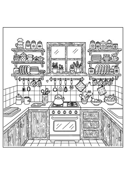 interior 14 Modern kitchen with stove and open shelves coloring page