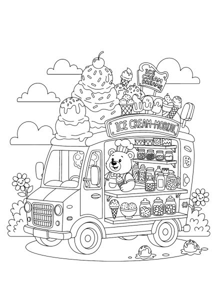 kiosk 37 Cute bear driving an ice cream truck kiosk filled with desserts coloring page