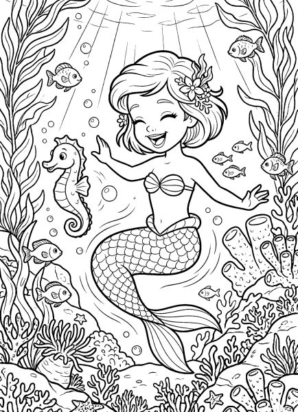 mermaid coloring page 19 Cute mermaid playing with seahorse underwater