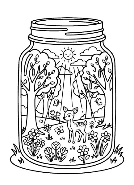 mini words in jars coloring page 002 Mini forest jar coloring page with deer and sun rays