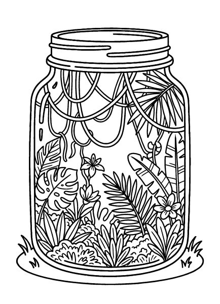 mini words in jars coloring page 010 Jungle jar coloring page with vines and tropical plants