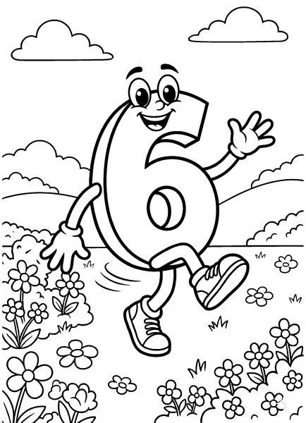 numbers coloring pages 6 2 Number 6 as happy character running in flower field