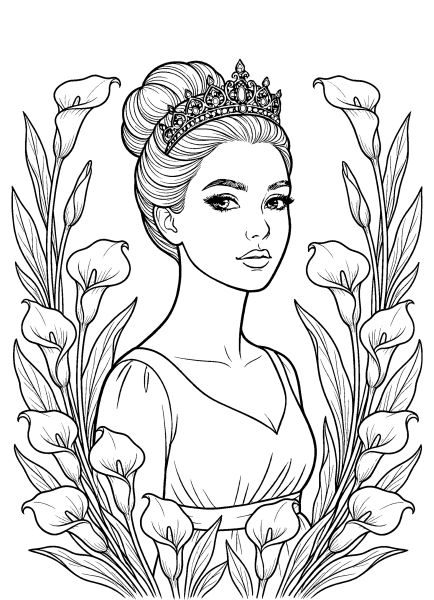princess hair style coloring page 020 Cute princess with classic updo hairstyle surrounded by calla lilies