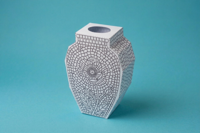 Printable 3D mosaic vase template for coloring and paper crafting.