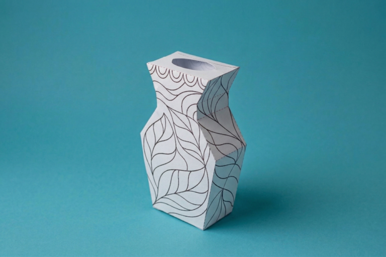Printable 3D leaf pattern paper vase model to color and build.