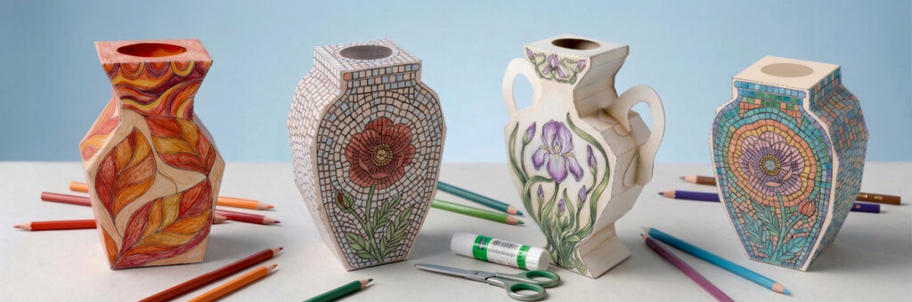 Four colorful finished 3D paper vases with iris, mosaic, and leaf patterns on a craft table.