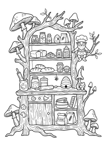 whimsical cabinet coloring page 48 Forest apothecary cabinet coloring page with mushrooms and jars